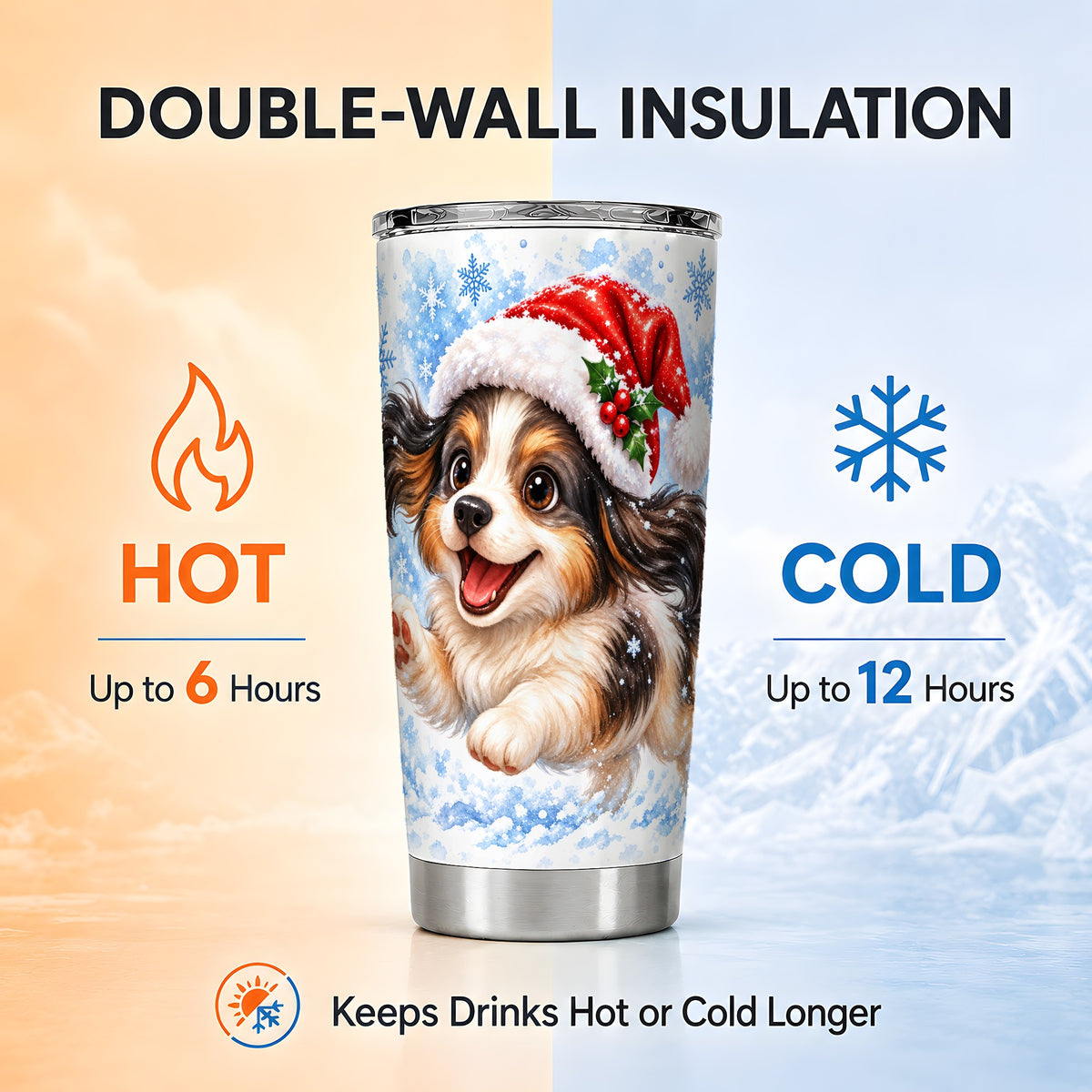 Christmas Tricolor Puppy Tumbler 20oz, Snowflake Stainless Steel Travel Cup