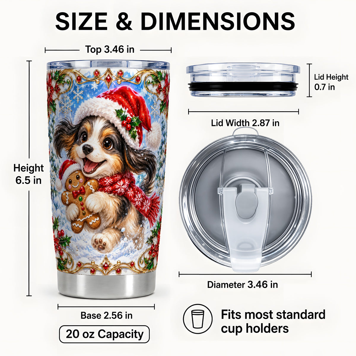 #pl[20oz|Steel] Christmas Gingerbread Puppy Tumbler 20oz, Santa Dog Stainless Steel Travel Cup