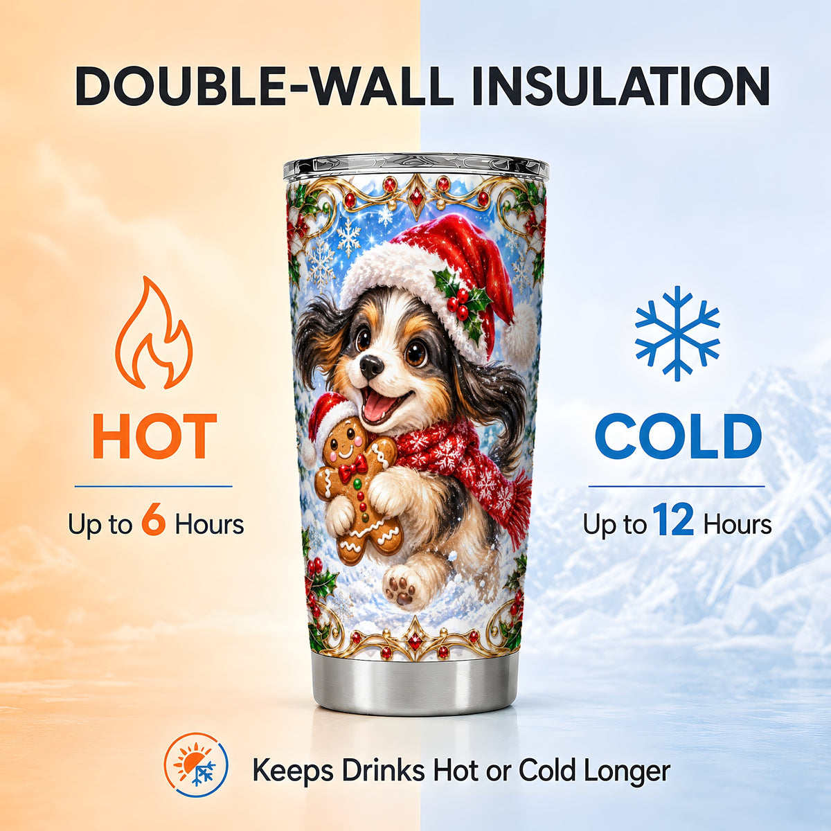Christmas Gingerbread Puppy Tumbler 20oz, Santa Dog Stainless Steel Travel Cup
