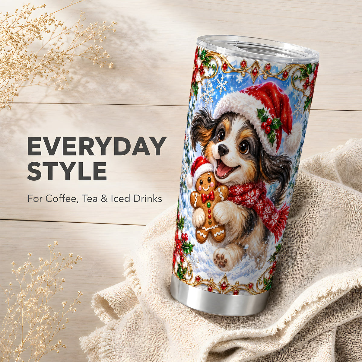 Christmas Gingerbread Puppy Tumbler 20oz, Santa Dog Stainless Steel Travel Cup