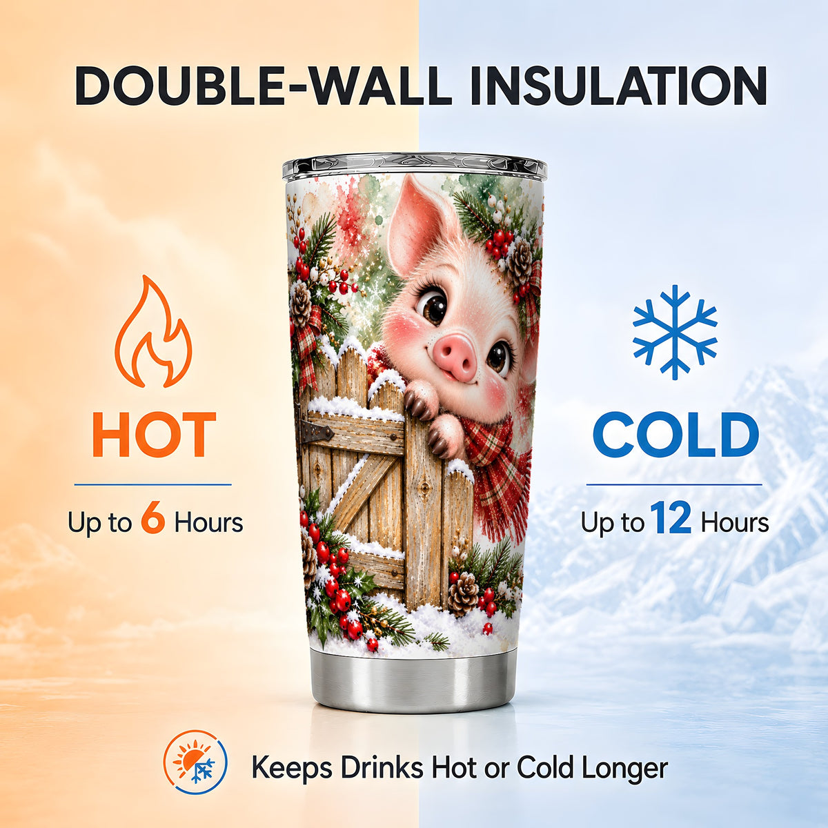 Christmas Piglet Tumbler 20oz, Farmhouse Stainless Steel Travel Cup