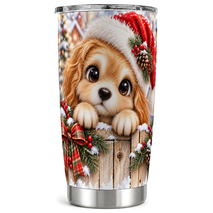 Christmas Puppy Tumbler 20oz, Santa Dog Stainless Steel Travel Cup