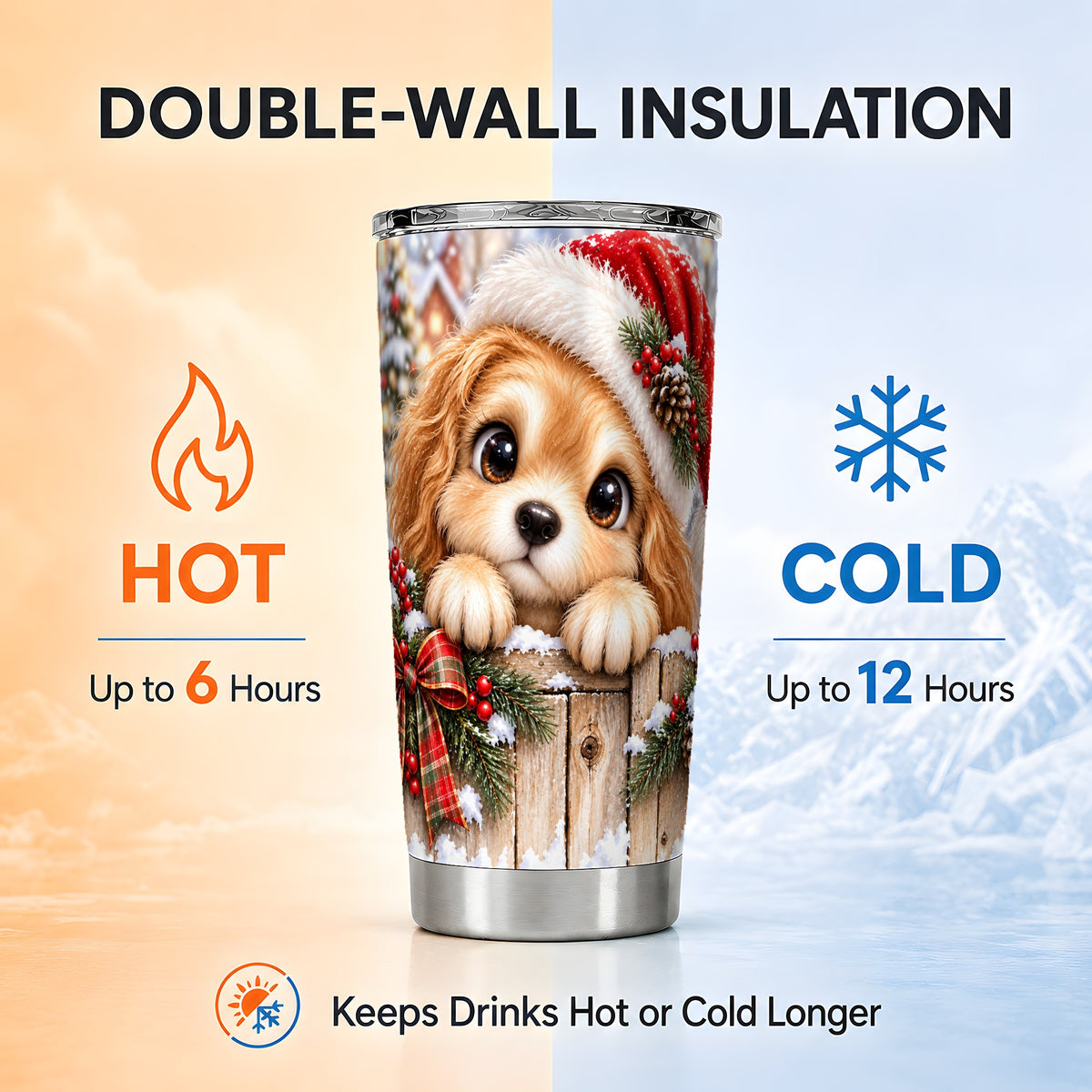 Christmas Puppy Tumbler 20oz, Santa Dog Stainless Steel Travel Cup