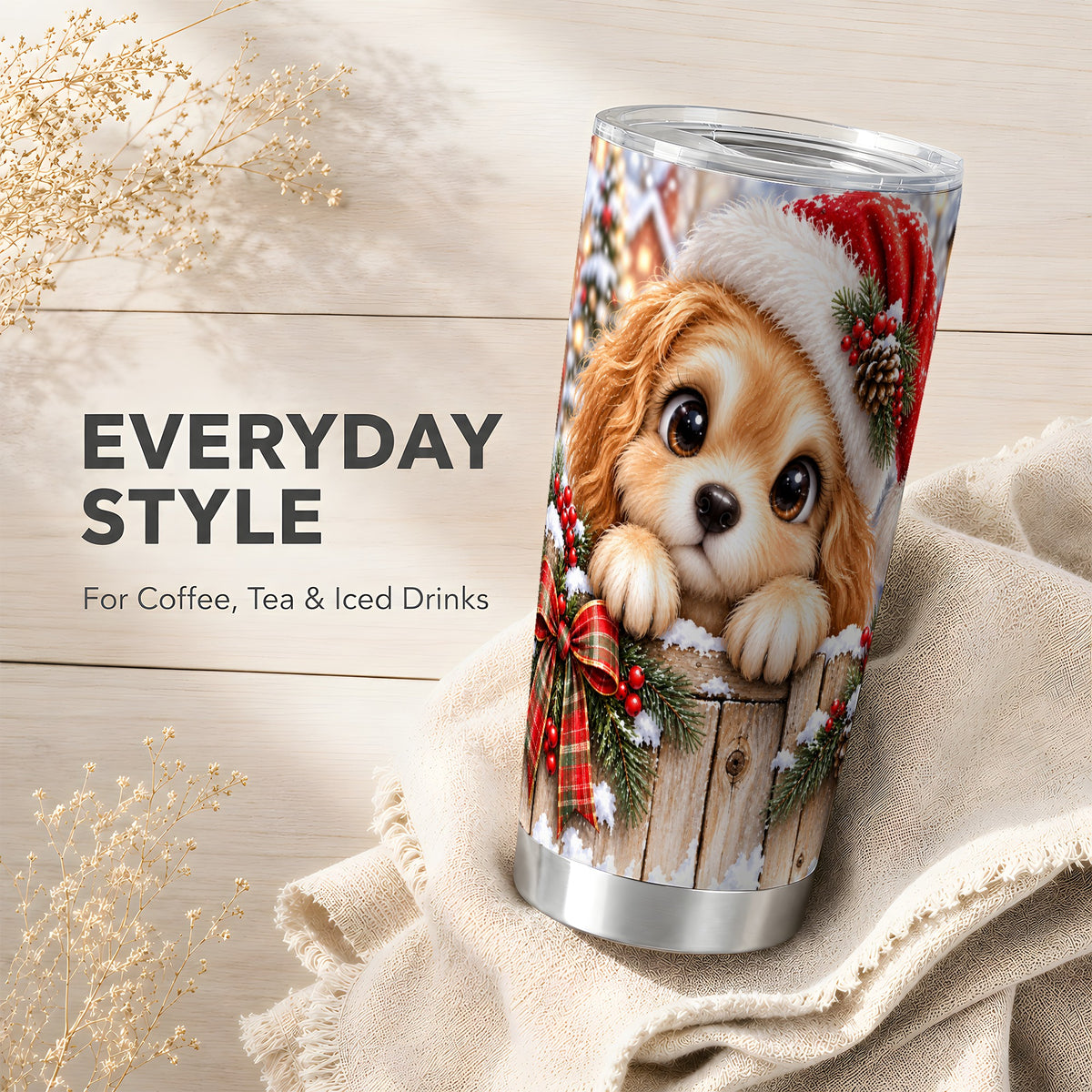 Christmas Puppy Tumbler 20oz, Santa Dog Stainless Steel Travel Cup