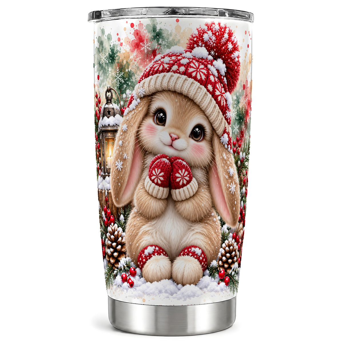 Christmas Bunny Tumbler 20oz, Winter Rabbit Stainless Steel Travel Cup