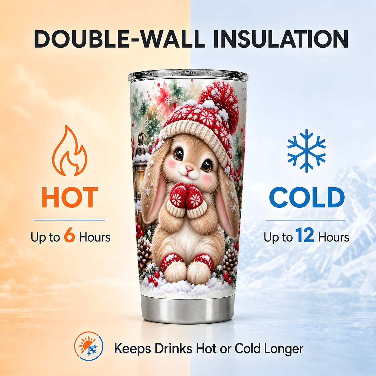 Christmas Bunny Tumbler 20oz, Winter Rabbit Stainless Steel Travel Cup