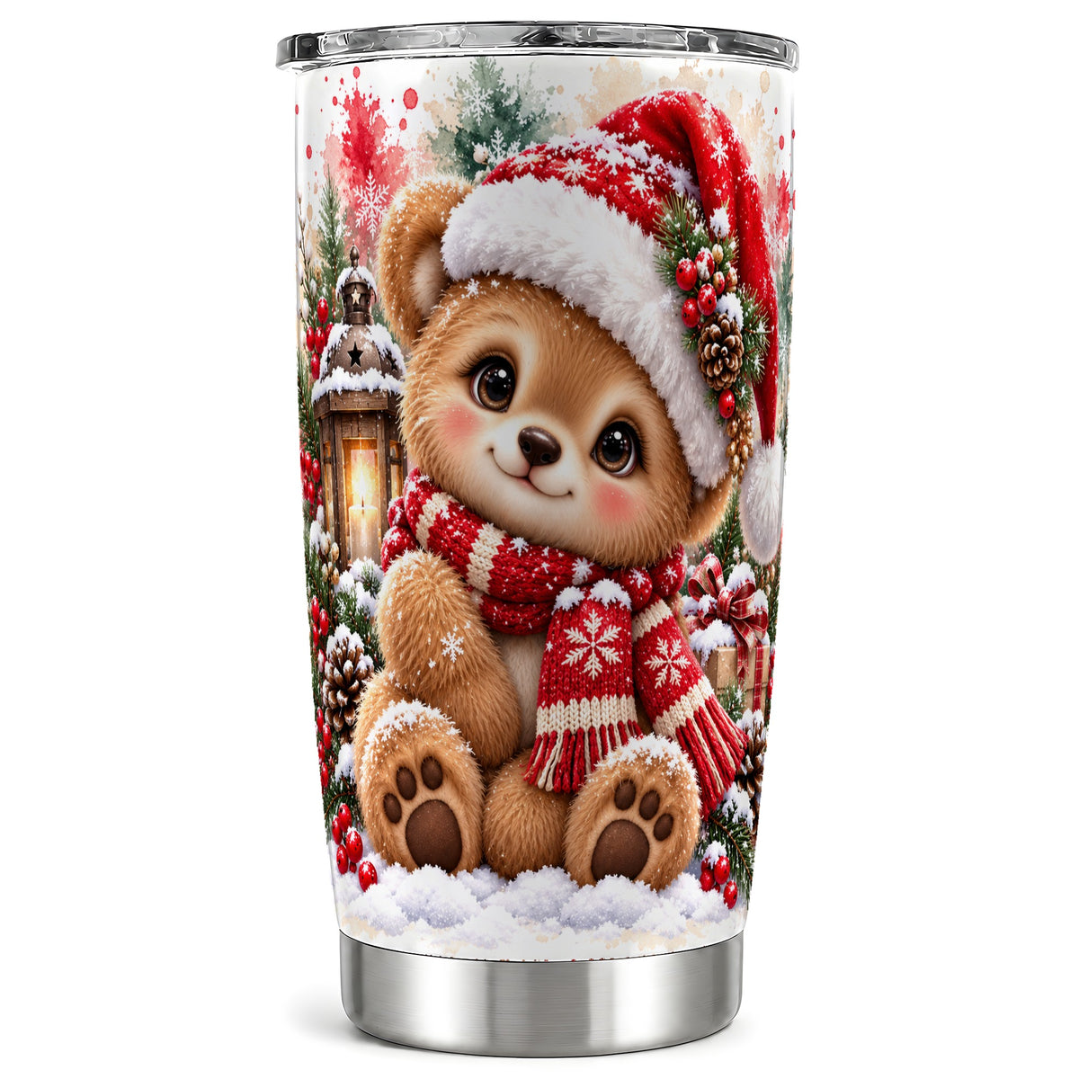 Christmas Teddy Bear Tumbler 20oz, Santa Bear Stainless Steel Travel Cup