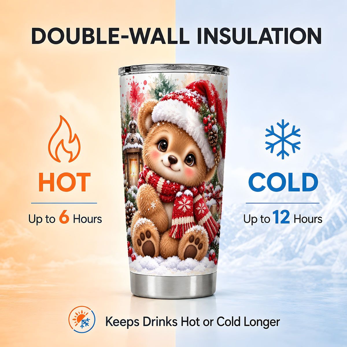 Christmas Teddy Bear Tumbler 20oz, Santa Bear Stainless Steel Travel Cup
