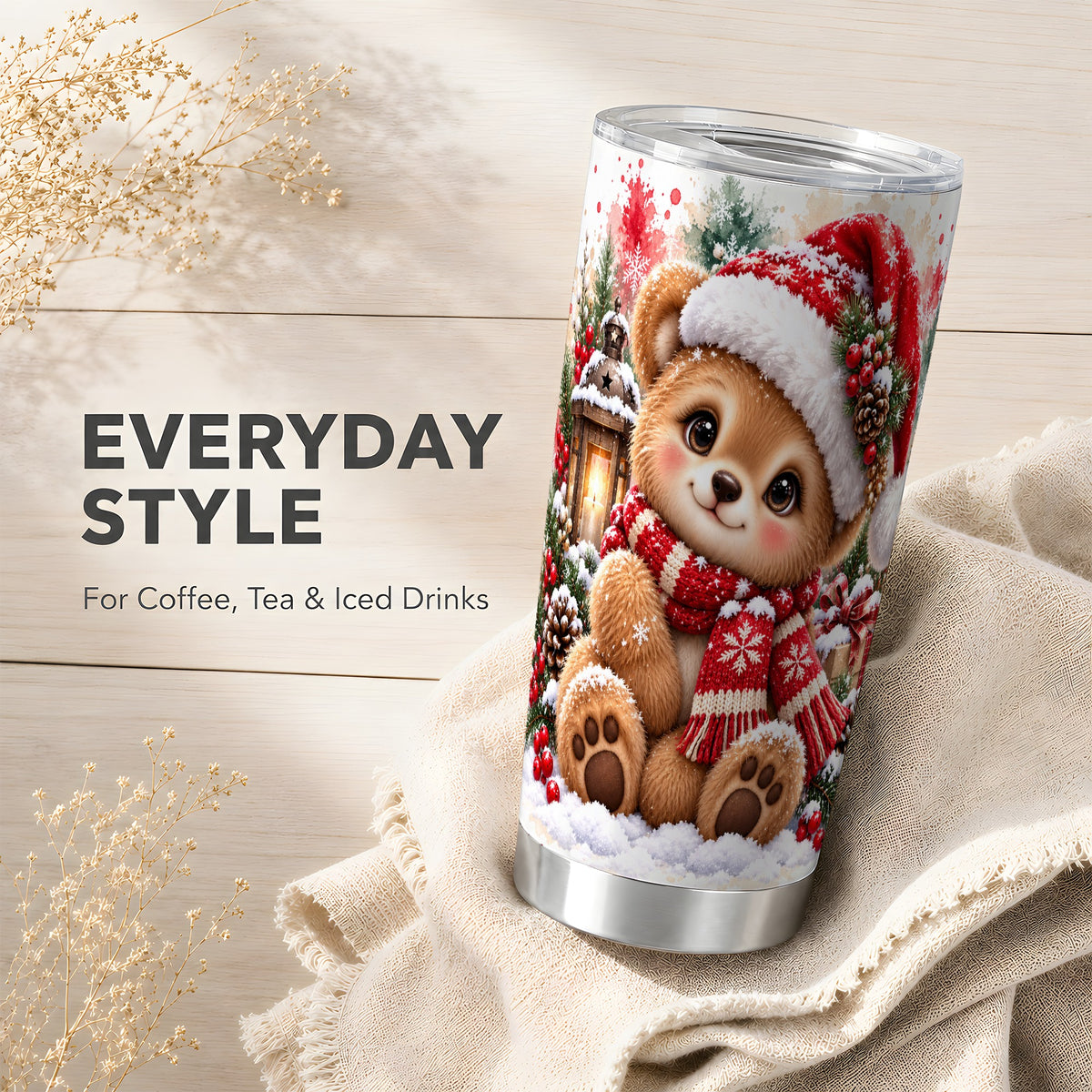 Christmas Teddy Bear Tumbler 20oz, Santa Bear Stainless Steel Travel Cup