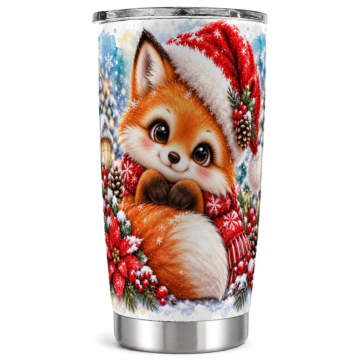 Christmas Fox Tumbler 20oz, Winter Fox Stainless Steel Travel Cup