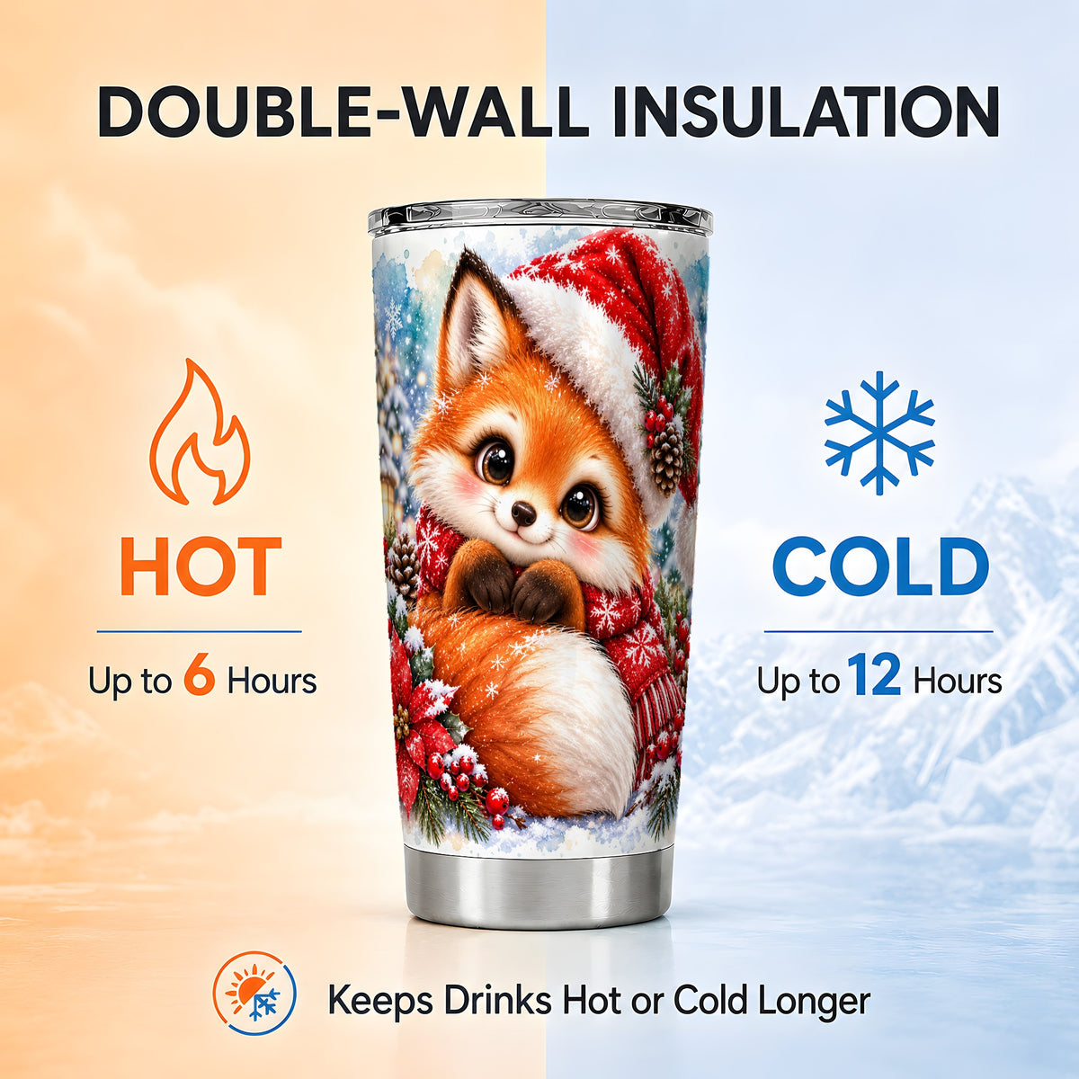Christmas Fox Tumbler 20oz, Winter Fox Stainless Steel Travel Cup