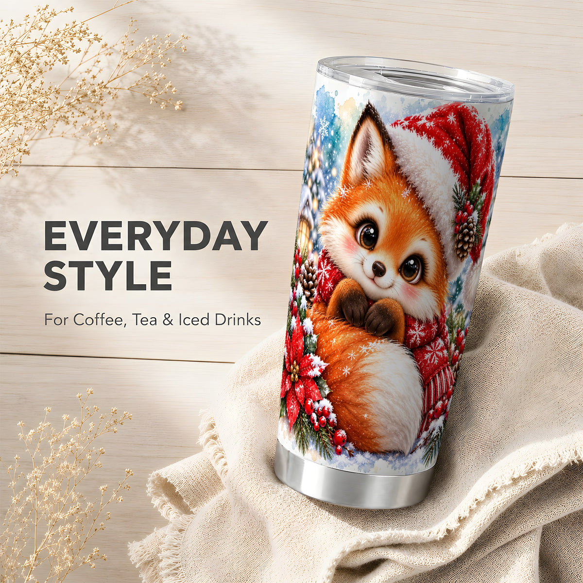 Christmas Fox Tumbler 20oz, Winter Fox Stainless Steel Travel Cup