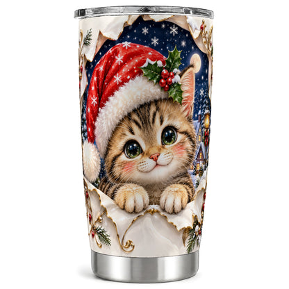 Christmas Kitten Tumbler 20oz, Santa Cat Stainless Steel Travel Cup