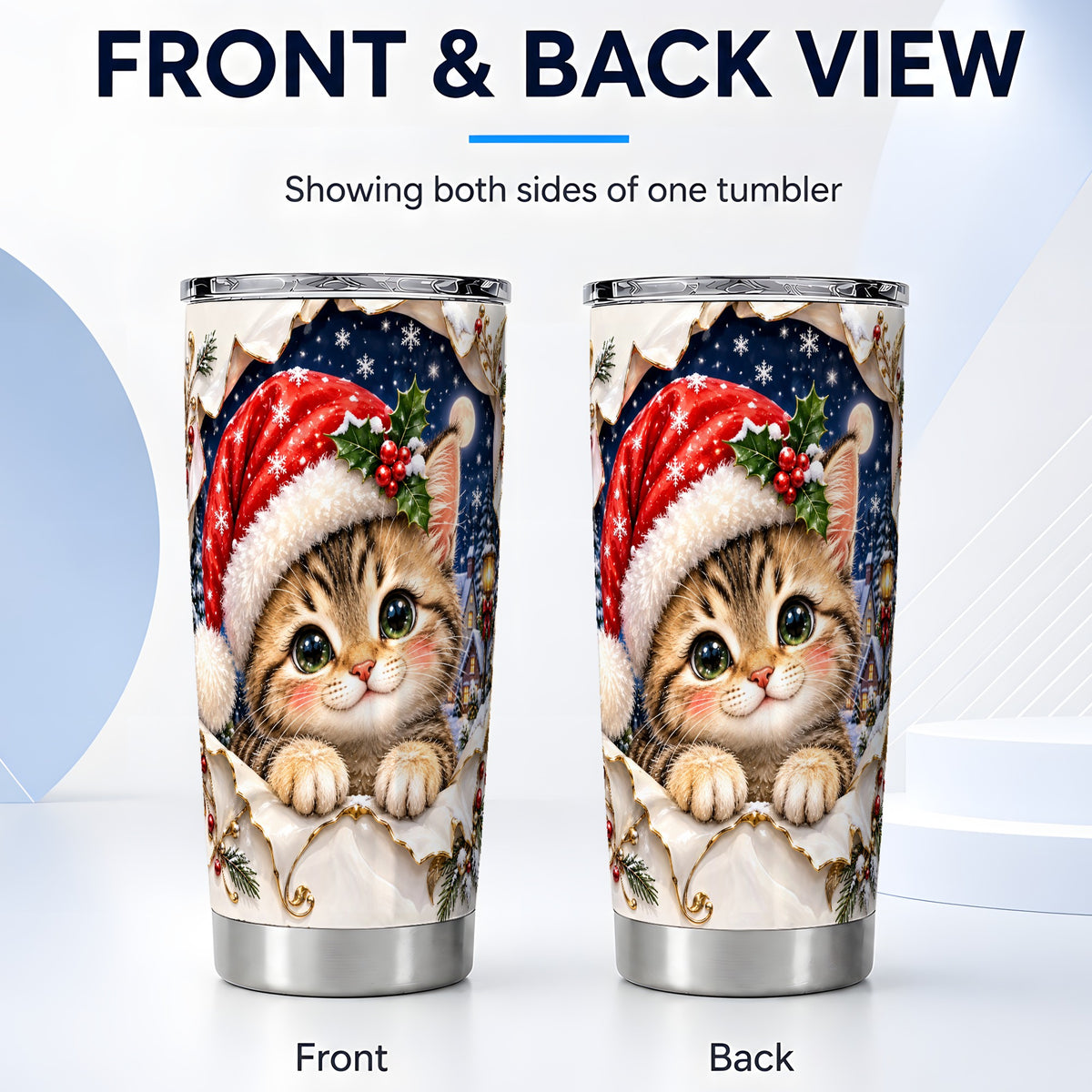 #pl[20oz|Steel] Christmas Kitten Tumbler 20oz, Santa Cat Stainless Steel Travel Cup