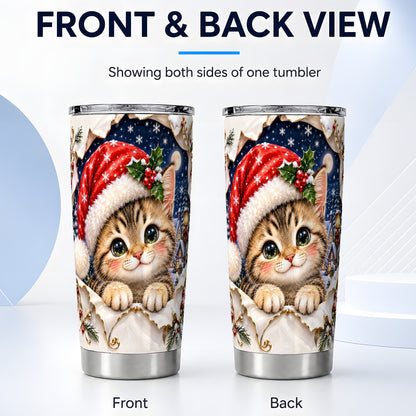 #pl[20oz|Steel] Christmas Kitten Tumbler 20oz, Santa Cat Stainless Steel Travel Cup