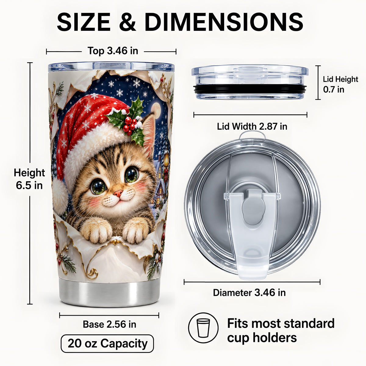 #pl[20oz|Steel] Christmas Kitten Tumbler 20oz, Santa Cat Stainless Steel Travel Cup