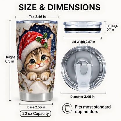 #pl[20oz|Steel] Christmas Kitten Tumbler 20oz, Santa Cat Stainless Steel Travel Cup