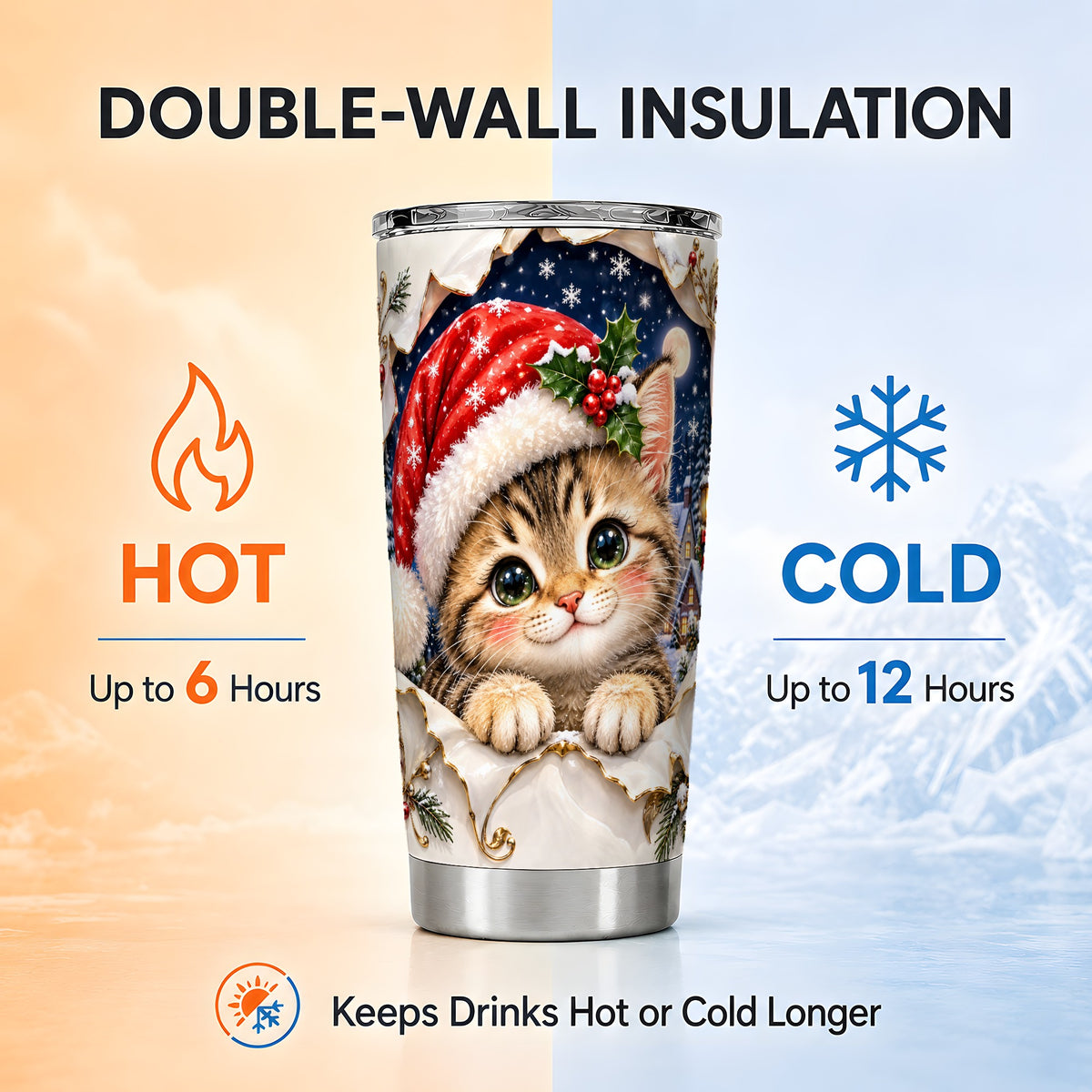 Christmas Kitten Tumbler 20oz, Santa Cat Stainless Steel Travel Cup