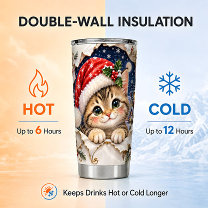 Christmas Kitten Tumbler 20oz, Santa Cat Stainless Steel Travel Cup