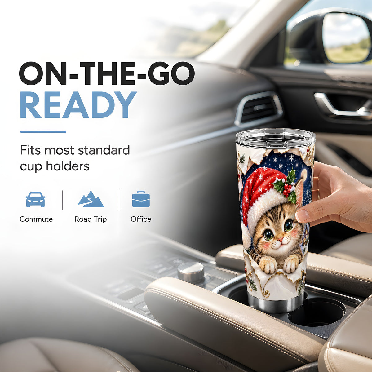 Christmas Kitten Tumbler 20oz, Santa Cat Stainless Steel Travel Cup