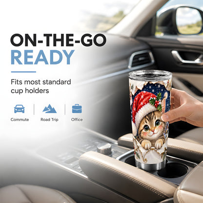 Christmas Kitten Tumbler 20oz, Santa Cat Stainless Steel Travel Cup
