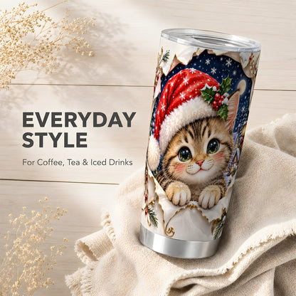 Christmas Kitten Tumbler 20oz, Santa Cat Stainless Steel Travel Cup