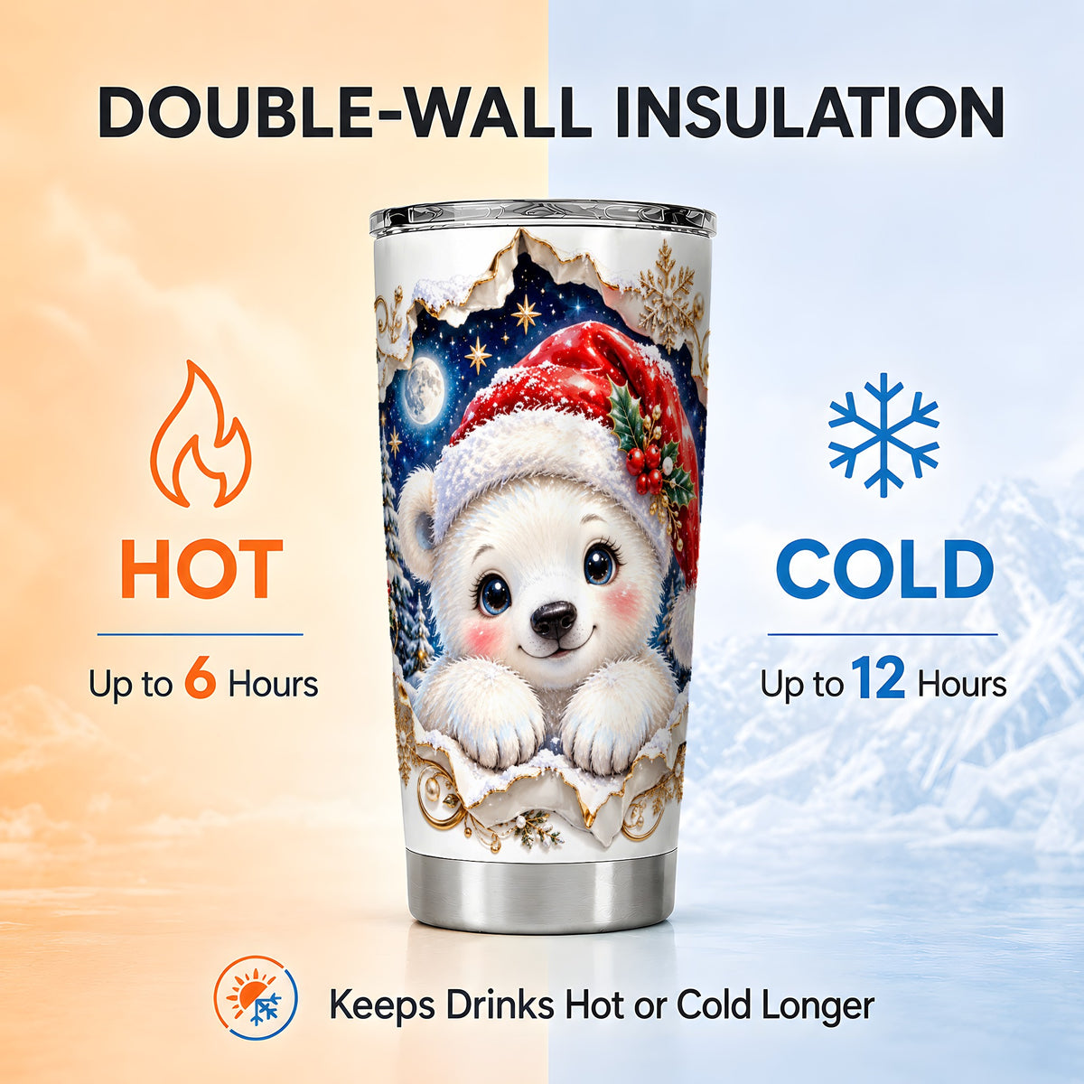 Christmas Polar Bear Tumbler 20oz, Santa Bear Stainless Steel Travel Cup