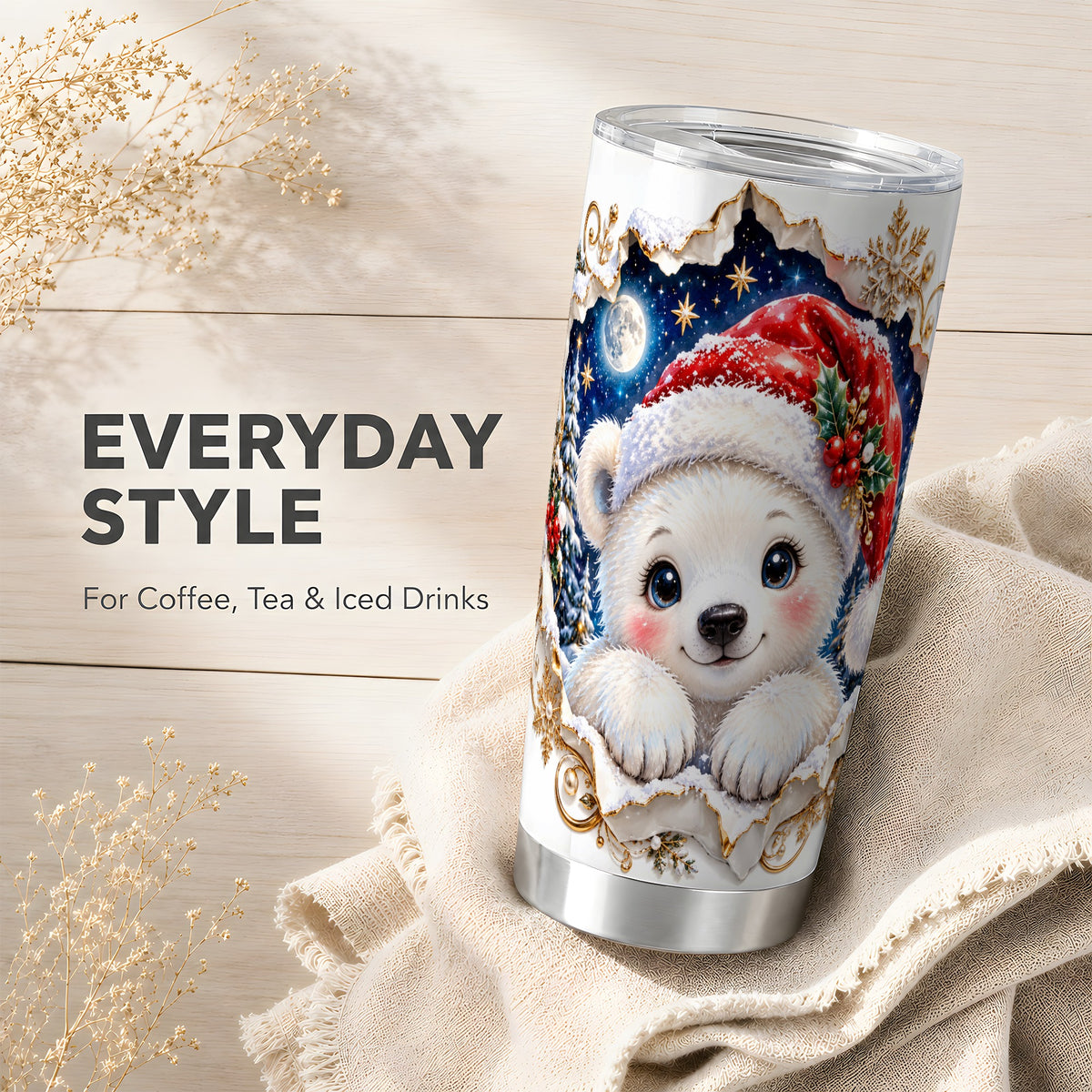 Christmas Polar Bear Tumbler 20oz, Santa Bear Stainless Steel Travel Cup