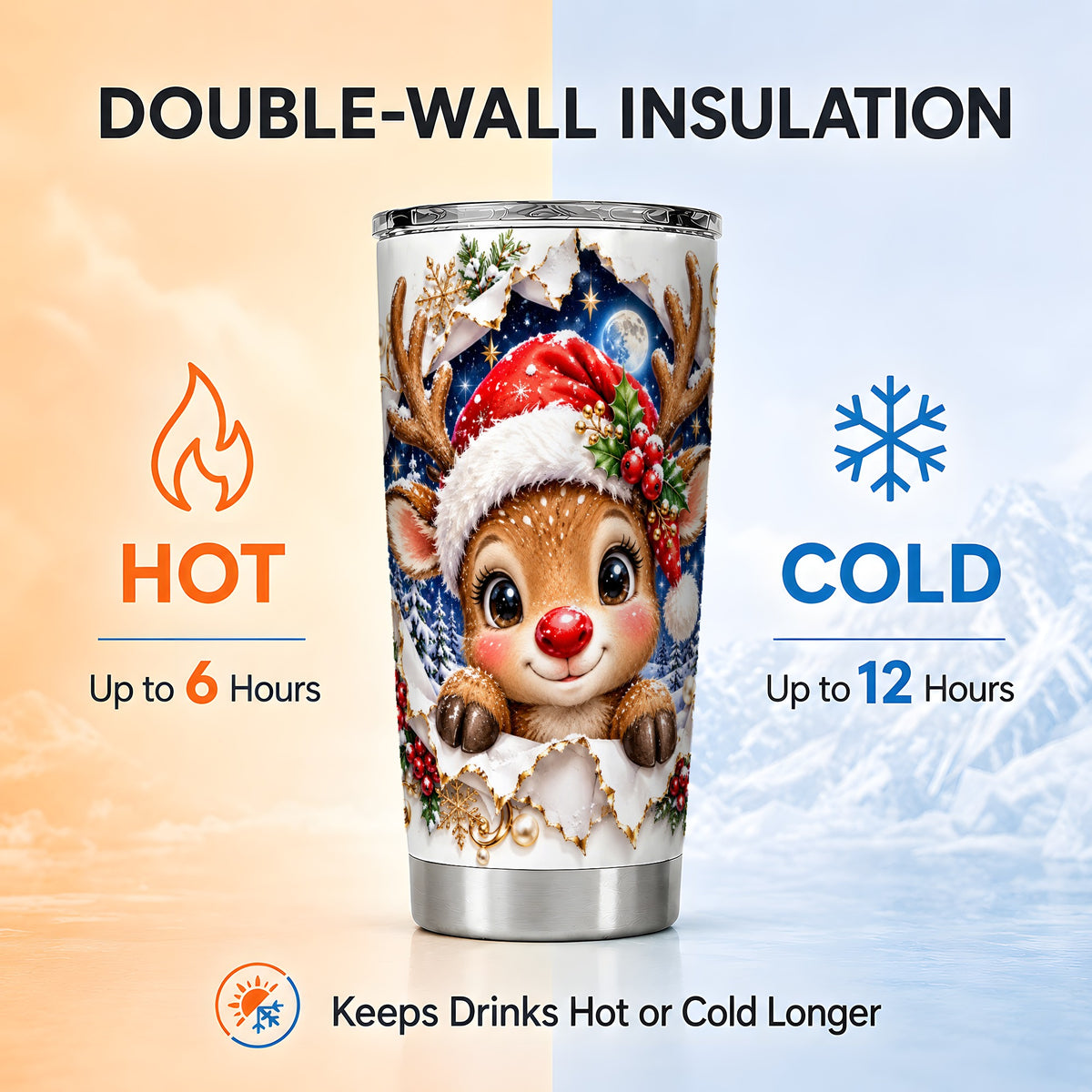 Christmas Reindeer Tumbler 20oz, Baby Deer Stainless Steel Travel Cup