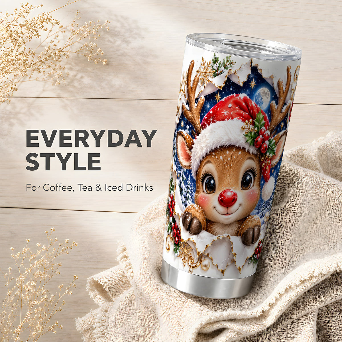 Christmas Reindeer Tumbler 20oz, Baby Deer Stainless Steel Travel Cup