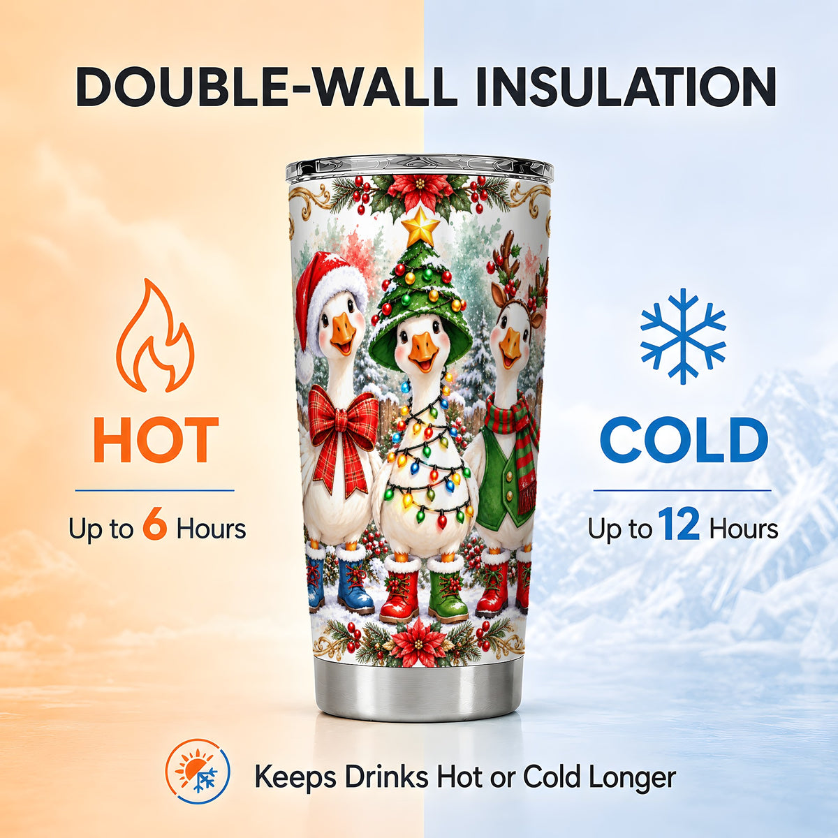 Christmas Geese Tumbler 20oz, Holiday Goose Stainless Steel Travel Cup
