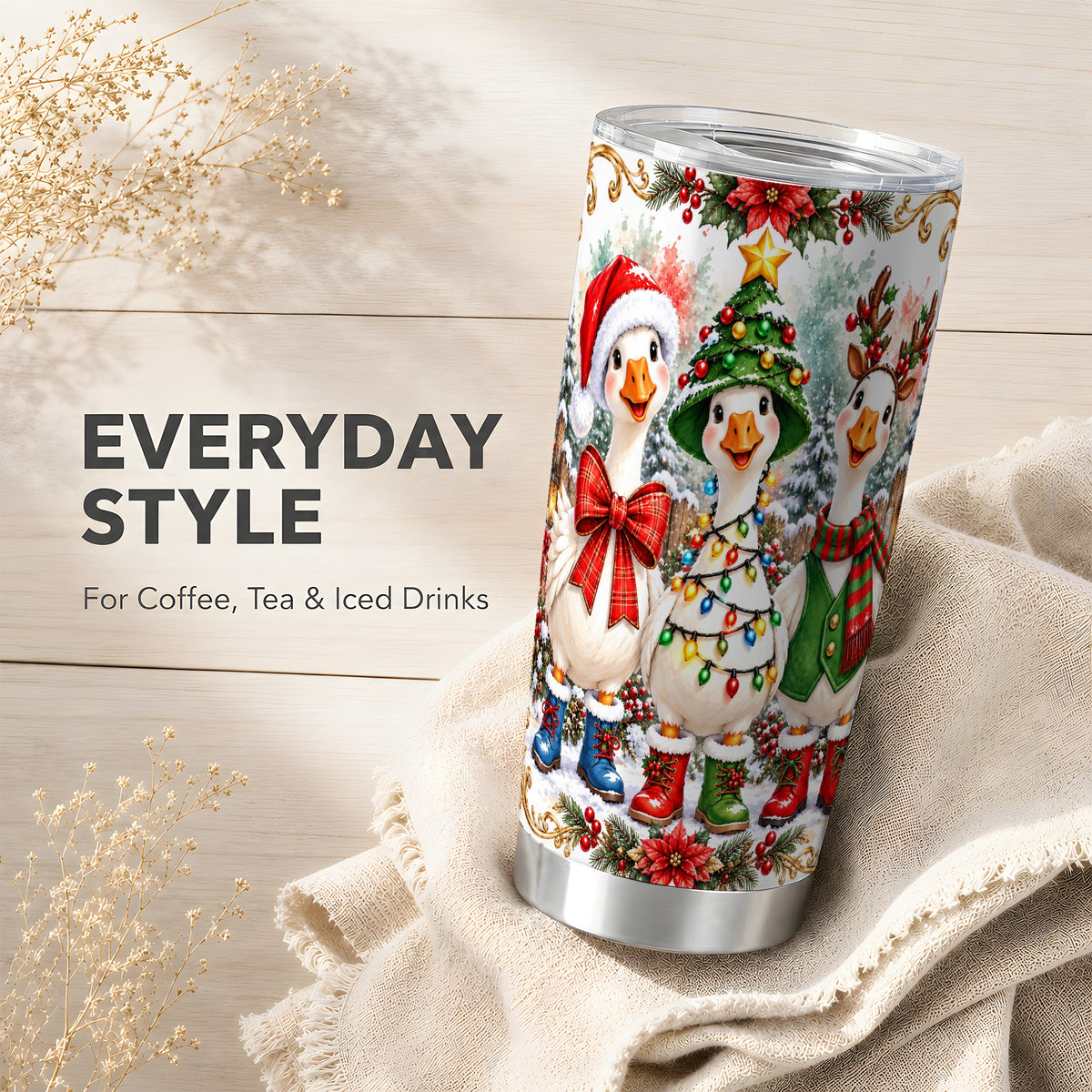 Christmas Geese Tumbler 20oz, Holiday Goose Stainless Steel Travel Cup