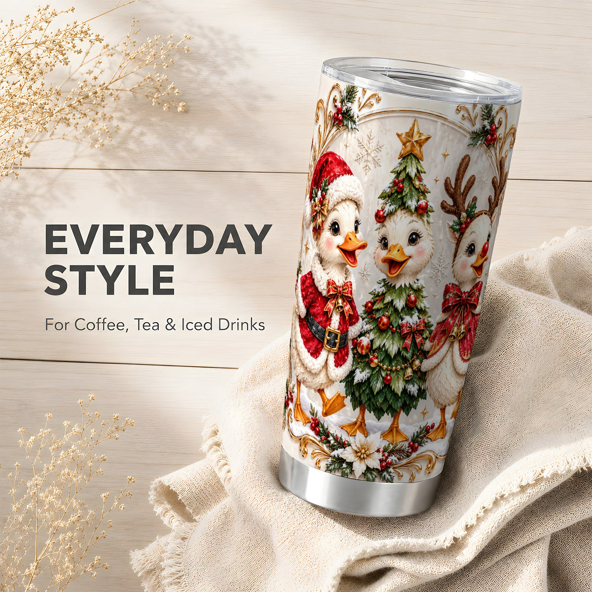 Christmas Goose Trio Tumbler 20oz, Festive Stainless Steel Travel Cup