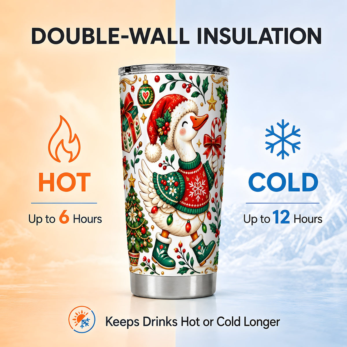 Candy Cane Goose Tumbler 20oz, Christmas Stainless Steel Travel Cup