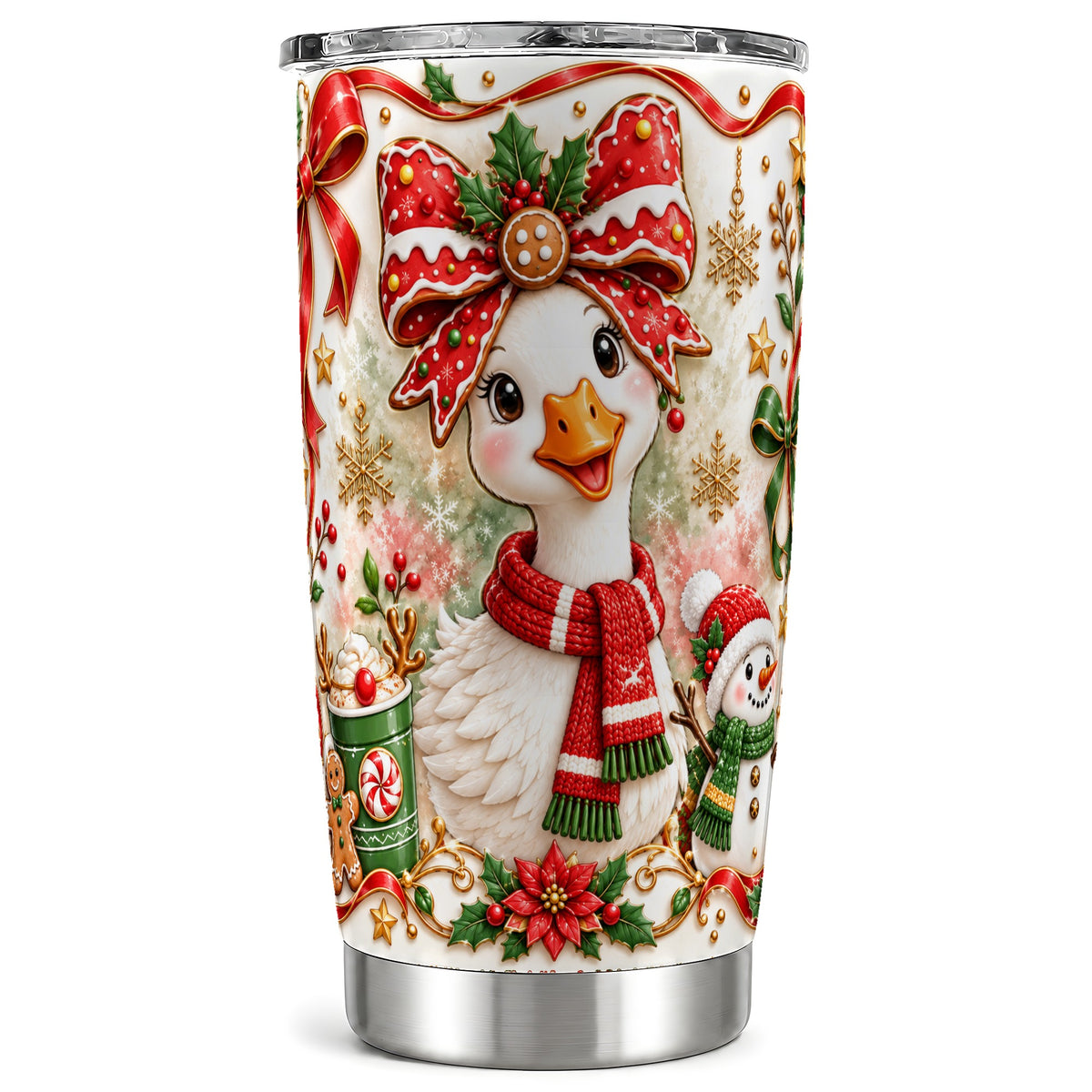 Gingerbread Bow Goose Tumbler 20oz, Christmas Stainless Steel Travel Cup