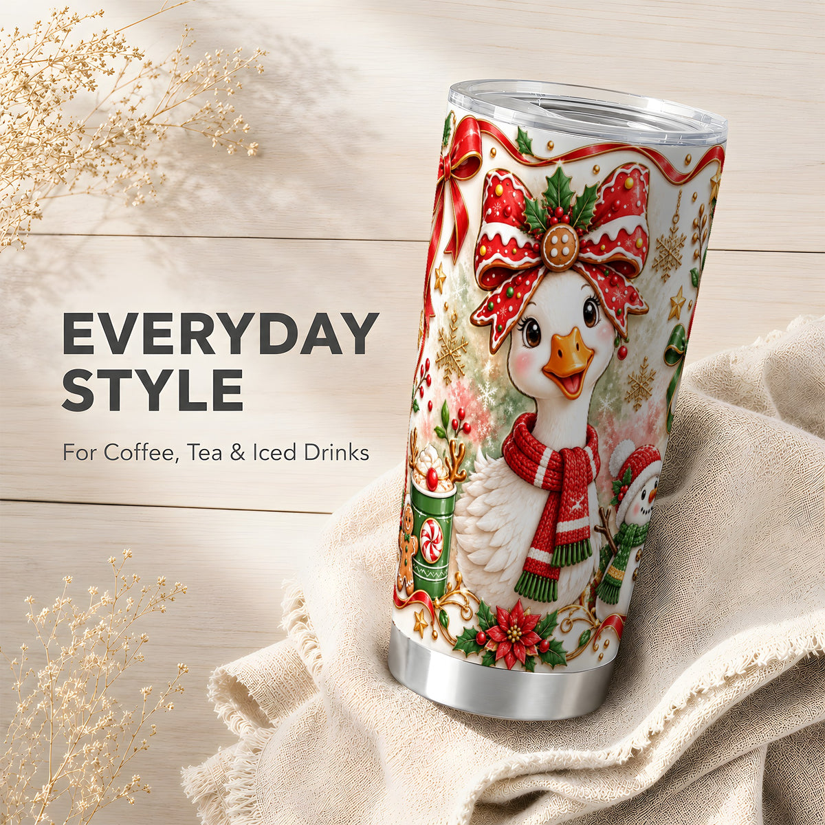 Gingerbread Bow Goose Tumbler 20oz, Christmas Stainless Steel Travel Cup