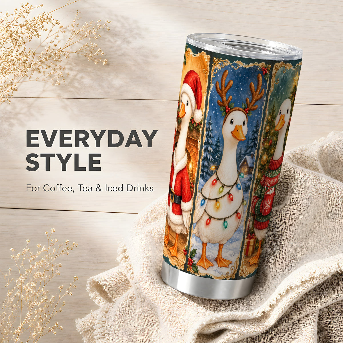 Christmas Goose Trio Tumbler 20oz, Vintage Stainless Steel Travel Cup