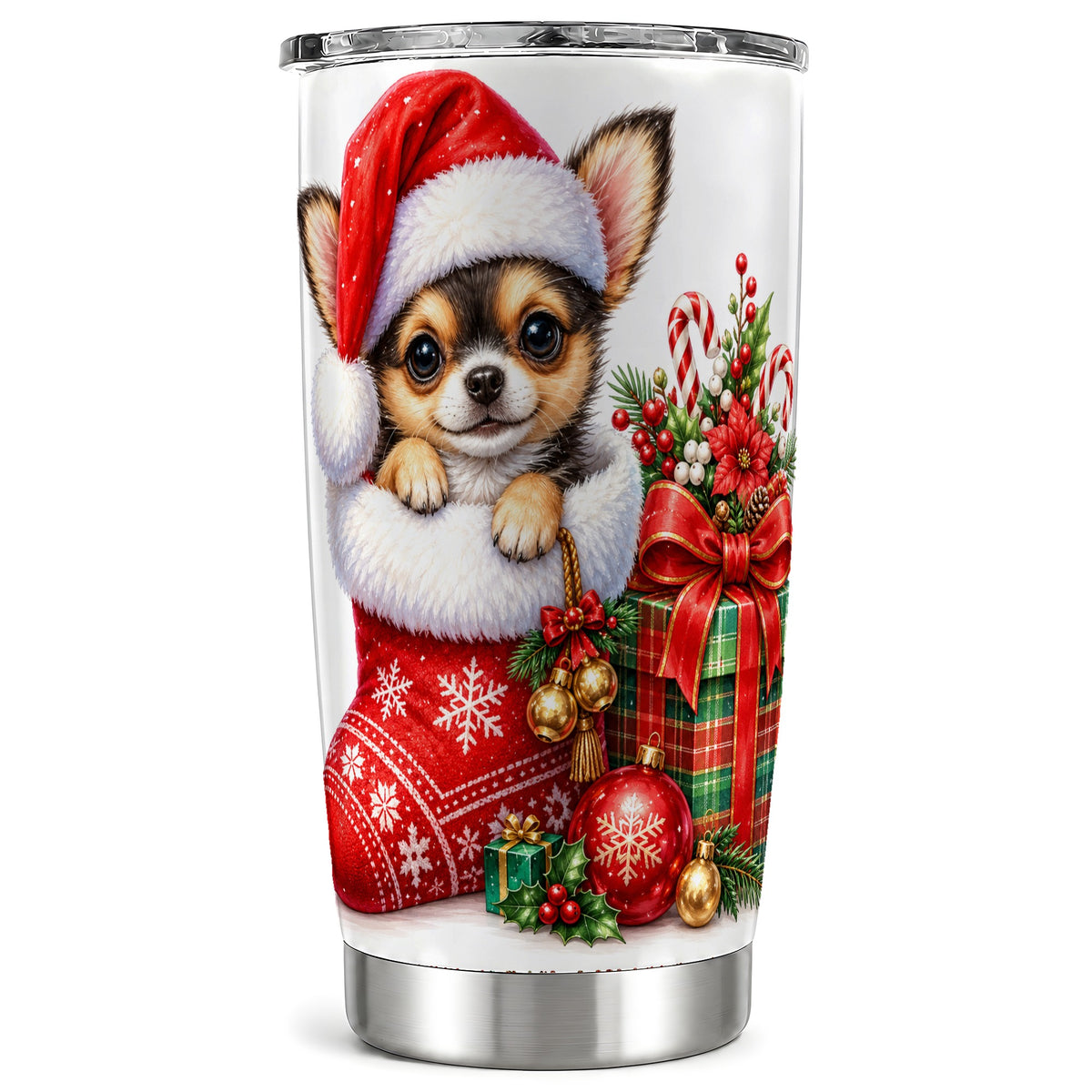 Christmas Chihuahua Tumbler 20oz, Santa Puppy Stainless Steel Travel Cup