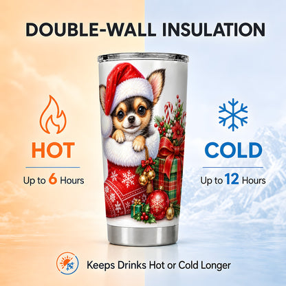 Christmas Chihuahua Tumbler 20oz, Santa Puppy Stainless Steel Travel Cup