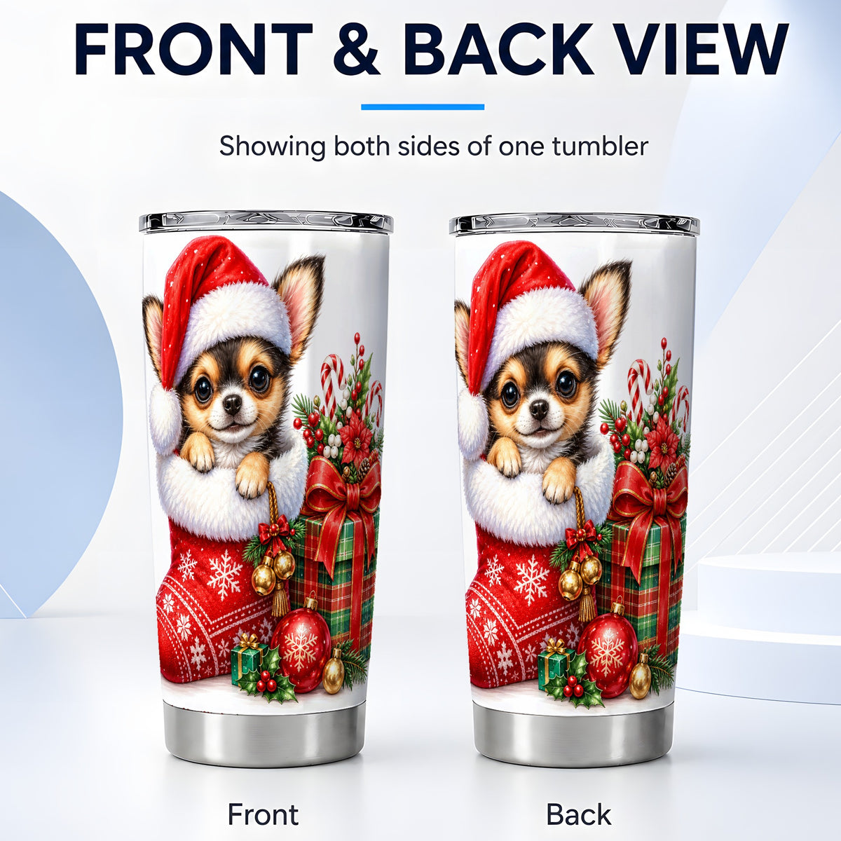 #pl[20oz|Steel] Christmas Chihuahua Tumbler 20oz, Santa Puppy Stainless Steel Travel Cup