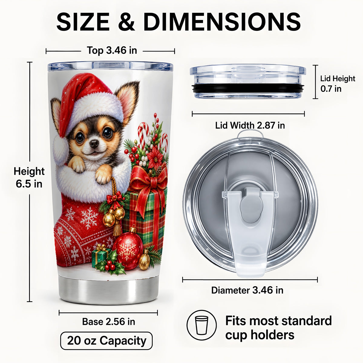 #pl[20oz|Steel] Christmas Chihuahua Tumbler 20oz, Santa Puppy Stainless Steel Travel Cup