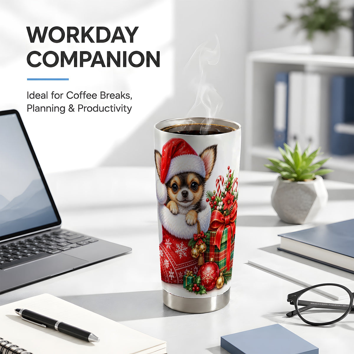 Christmas Chihuahua Tumbler 20oz, Santa Puppy Stainless Steel Travel Cup