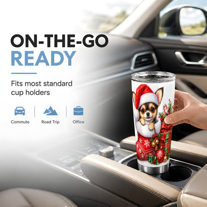Christmas Chihuahua Tumbler 20oz, Santa Puppy Stainless Steel Travel Cup