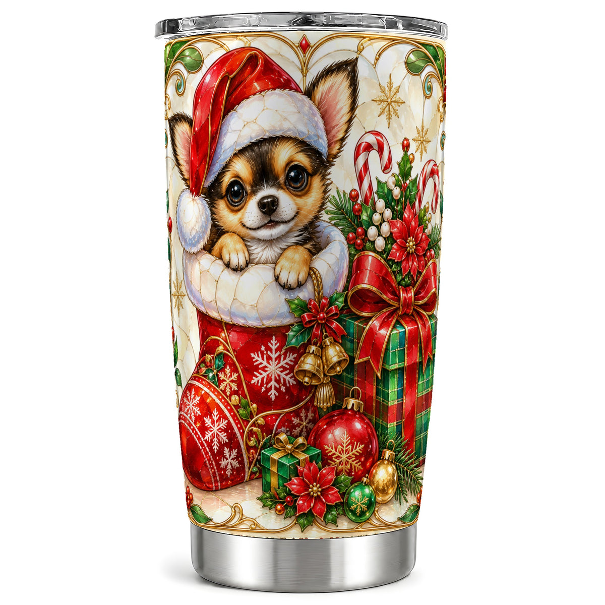 Stained Glass Chihuahua Tumbler 20oz, Christmas Stainless Steel Travel Cup