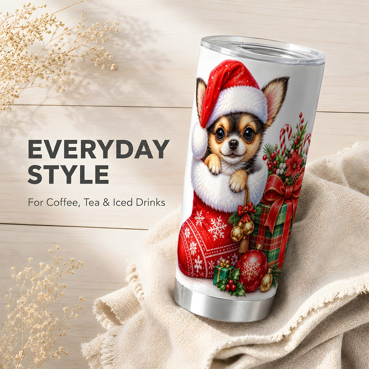 Christmas Chihuahua Tumbler 20oz, Santa Puppy Stainless Steel Travel Cup