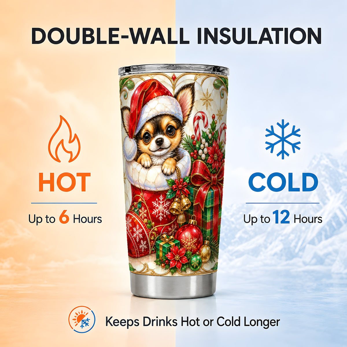 Stained Glass Chihuahua Tumbler 20oz, Christmas Stainless Steel Travel Cup