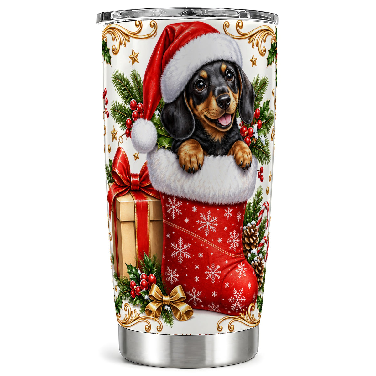 Christmas Dachshund Tumbler 20oz, Wiener Dog Stainless Steel Travel Cup