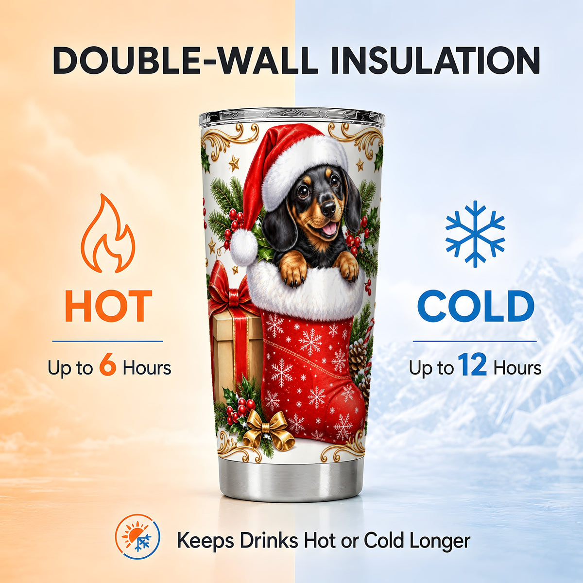 Christmas Dachshund Tumbler 20oz, Wiener Dog Stainless Steel Travel Cup