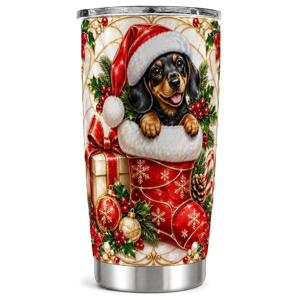 Stained Glass Dachshund Tumbler 20oz, Christmas Steel Travel Cup