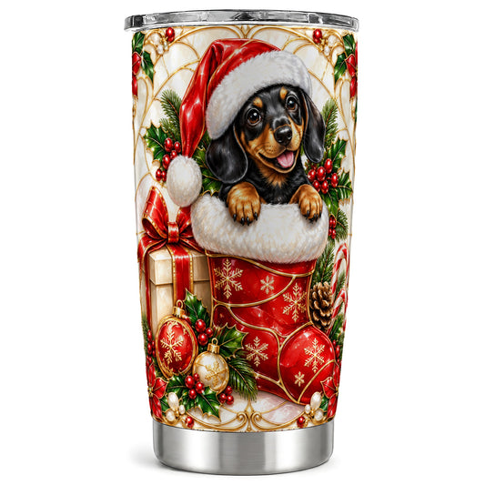 Stained Glass Dachshund Tumbler 20oz, Christmas Steel Travel Cup